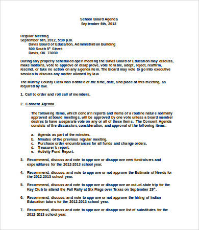 school board agenda template