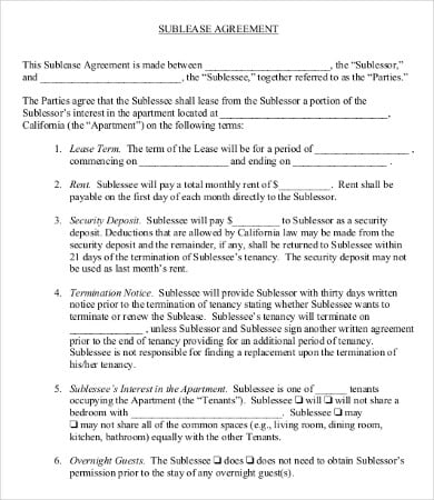 apartment sublease contract