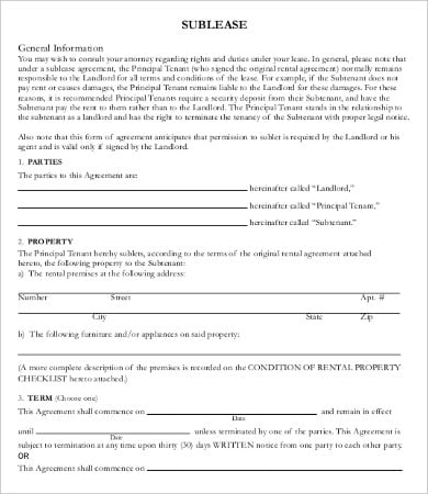 real estate sublease contract template