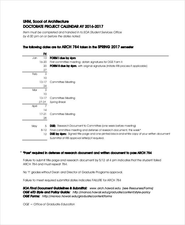 doctorate project calendar template