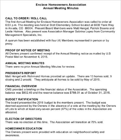homeowners association annual meeting minutes template