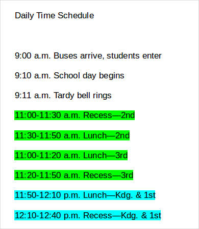daily time schedule template word