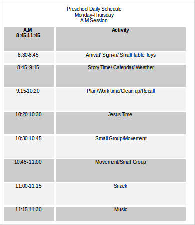 preschool daily schedule template word
