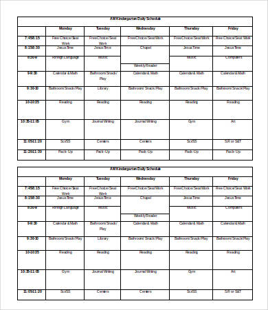 kindergarten daily schedule template word