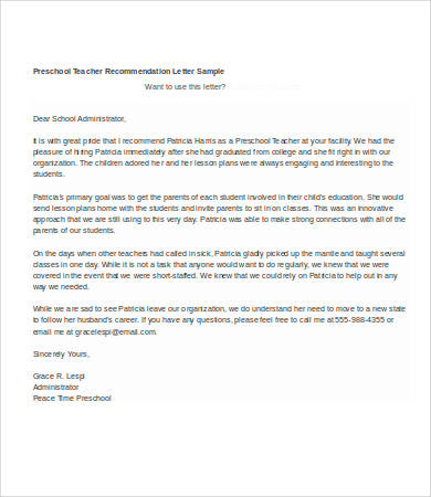 letter of recommendation for preschool teacher