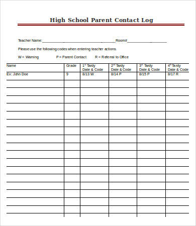 high school parent contact log
