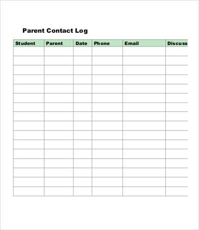blank parent contact log template