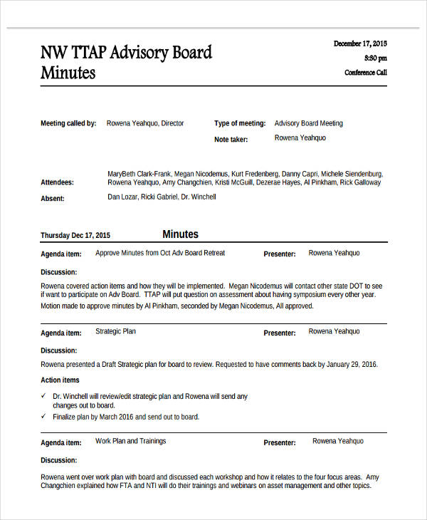 informal board meeting minutes template