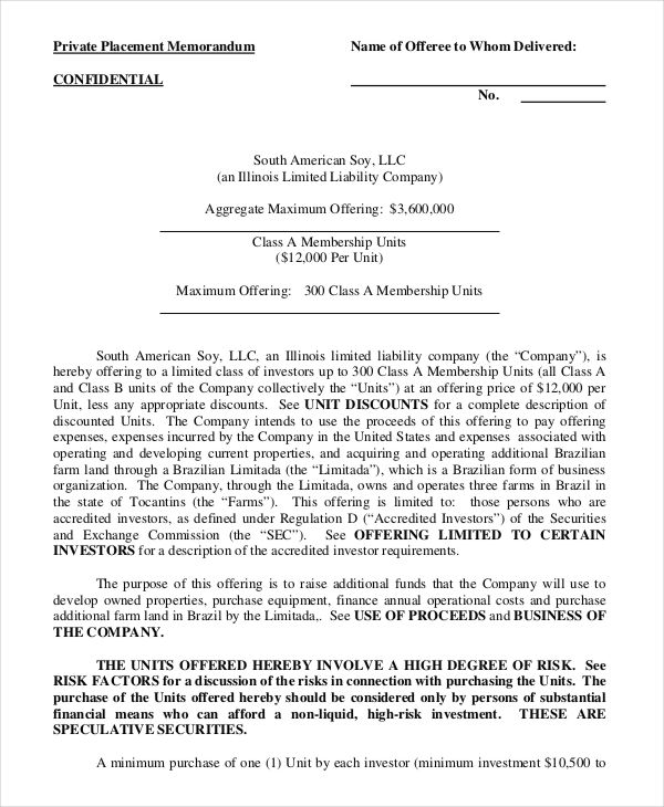 agriculture private placement memorandum