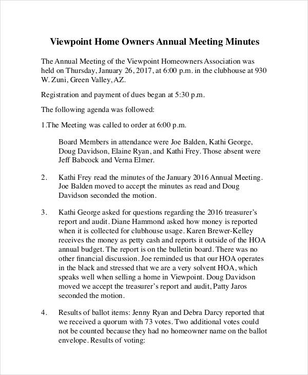owners annual meeting minutes template