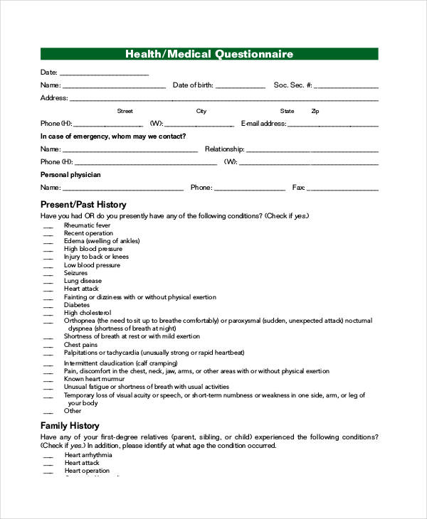 medical questionnaire template