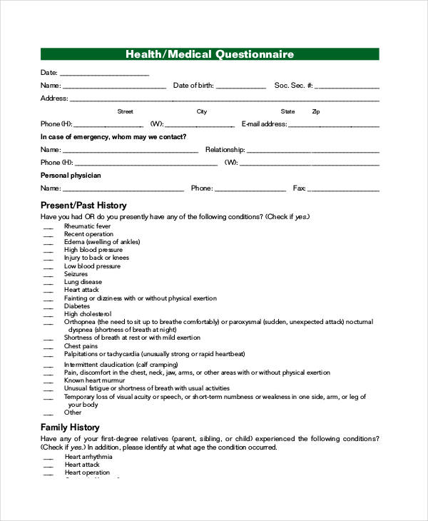 Medical Questionnaire Template