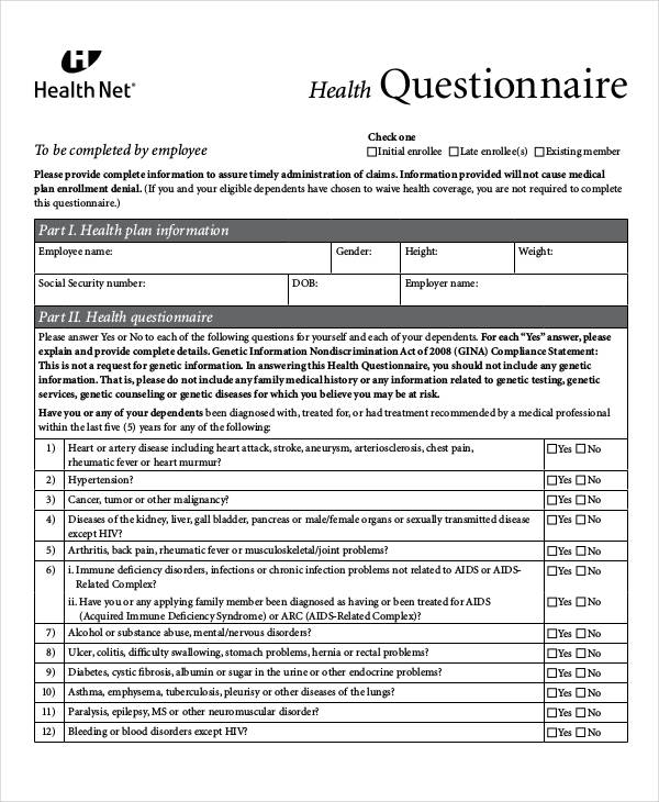 health questionnaire template