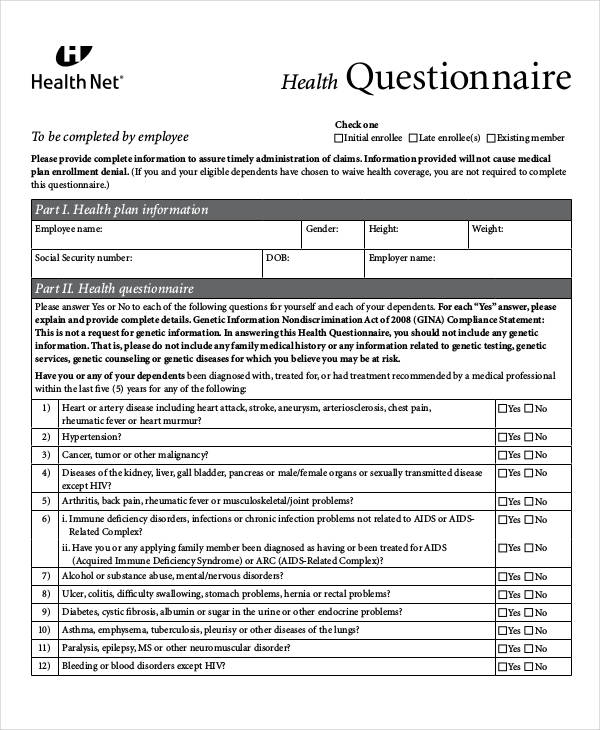 Health Questionnaire Template For Your Needs Gambaran