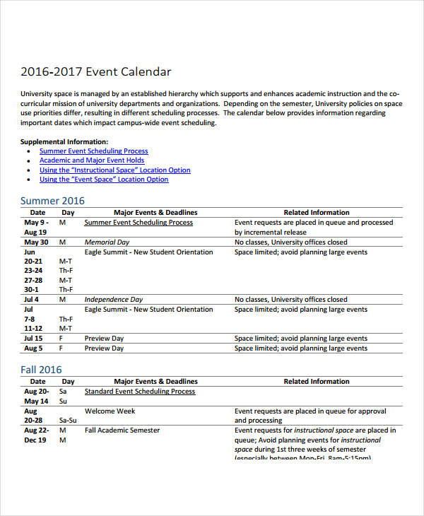 event planning calendar template