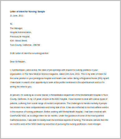 sample letter of intent for nursing job
