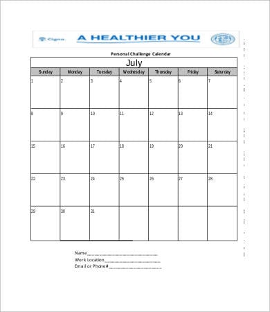 personal monthly challenge calendar