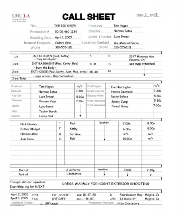 12+ Call Sheet - PDF, Word, Apple Pages | Free & Premium ...