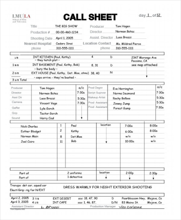 Film Call Sheet Template Master Template