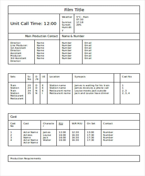 sample call sheet template