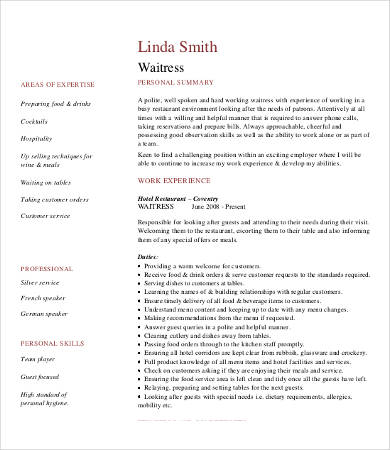 work experience resume for waitress