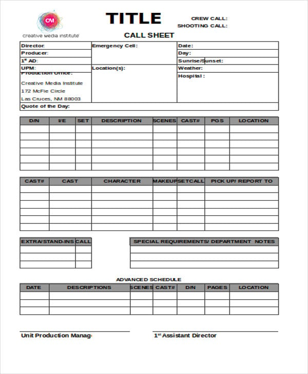 20  Call Sheet PDF Word Apple Pages