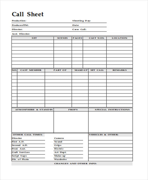 actor call sheet template