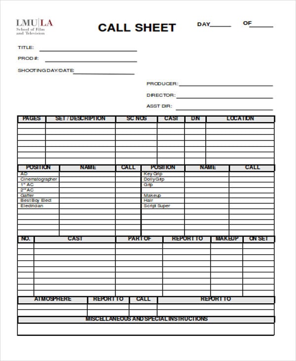 20 Call Sheet Pdf Word Apple Pages