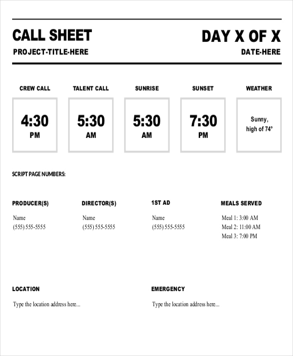 20+ Call Sheet PDF, Word, Apple Pages
