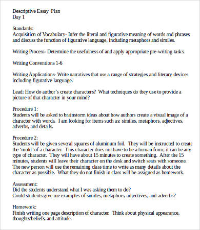 descriptive essay plan template