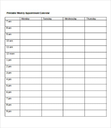printable weekly appointment calendar