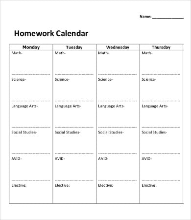 printable weekly homework calendar