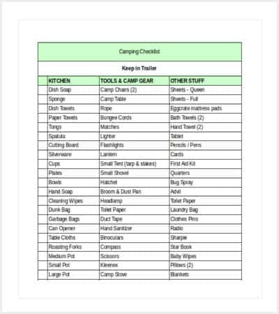 camping checklist spreadsheet