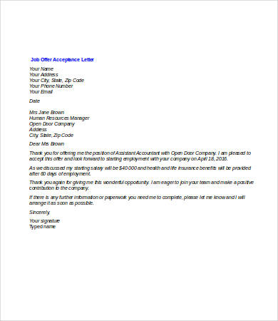job employment acceptance letter