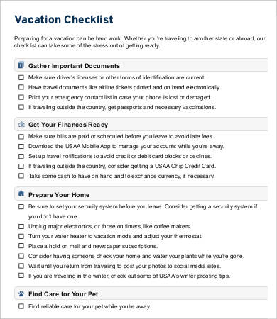 travel vacation checklist template