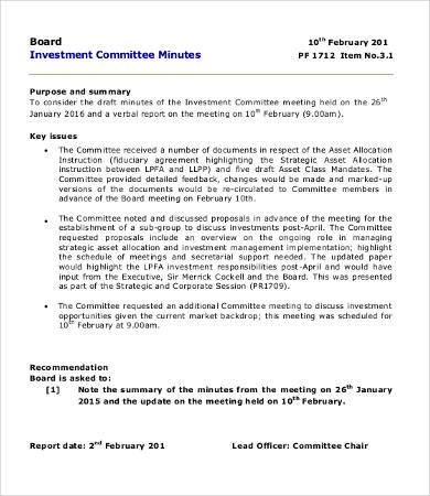 investment committee minutes template