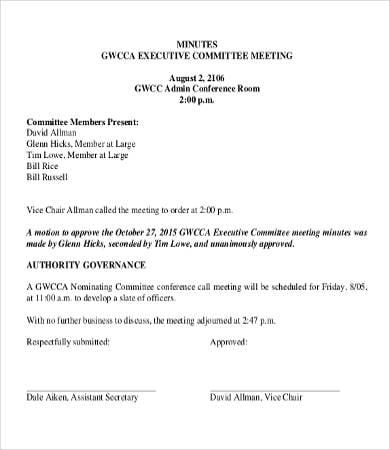 executive committee minutes template