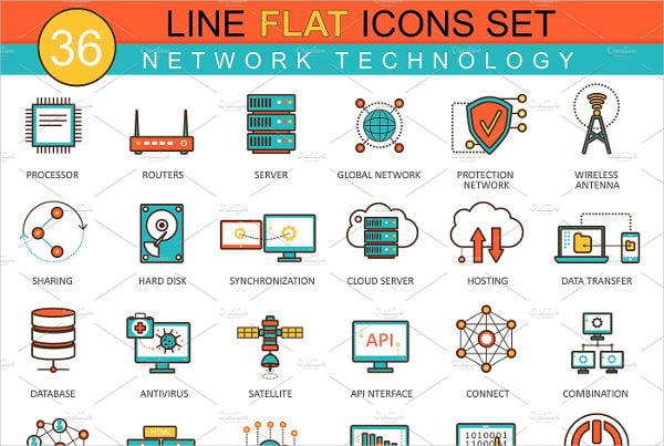 network technology flat line icons