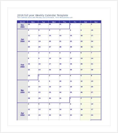 2016 weekly calendar starts with monday min