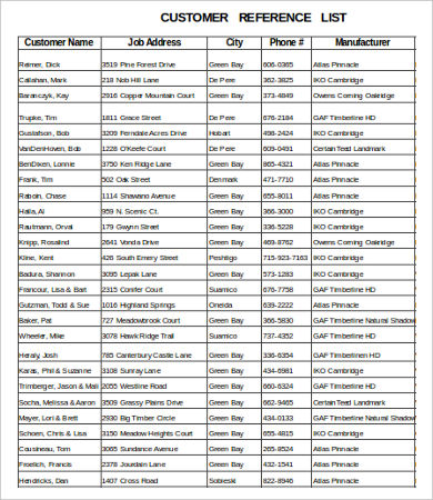 customer reference list template