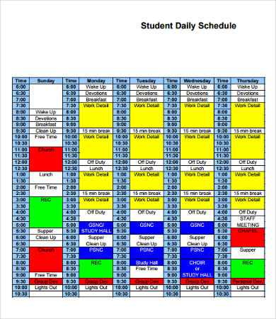 student daily schedule template