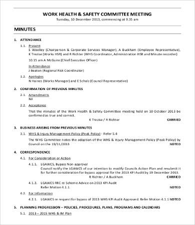 work health safety committee meeting minutes template