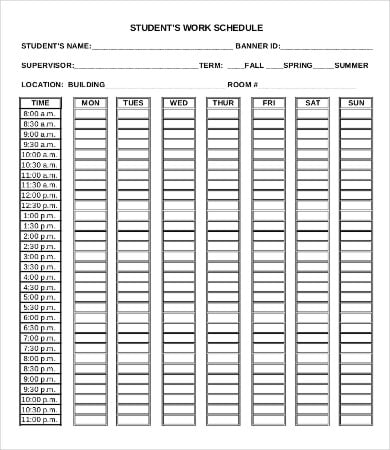student work schedule template