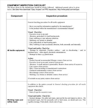 Sample Equipment Checklist Template