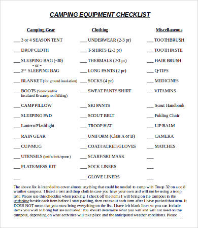 camping equipment checklist template