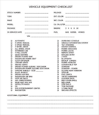 vehicle equipment checklist sample