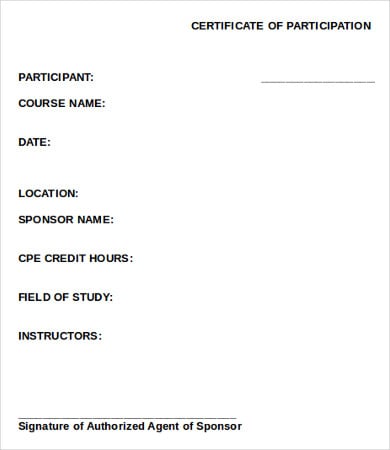 blank participation certificate template