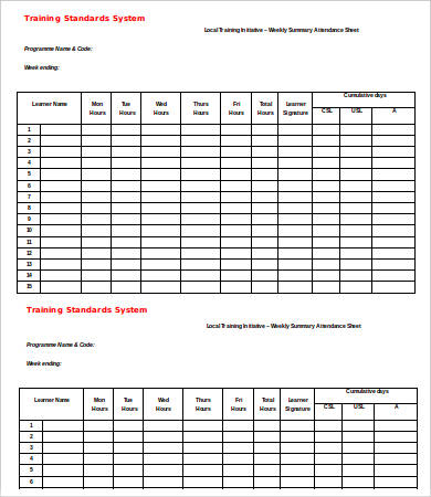 weekly attendance sign in sheet template