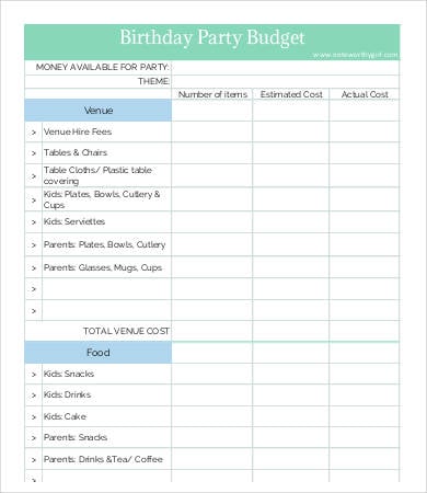 birthday party budget template