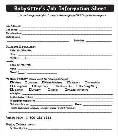 babysitter information sheet template 7 free word pdf